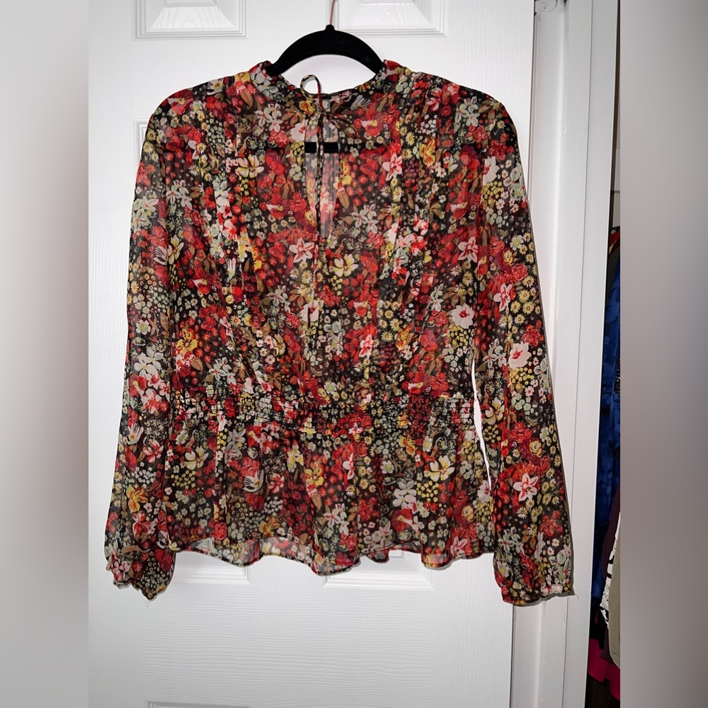 Zara Floral Sheer Neck Tie Blouse, Size M